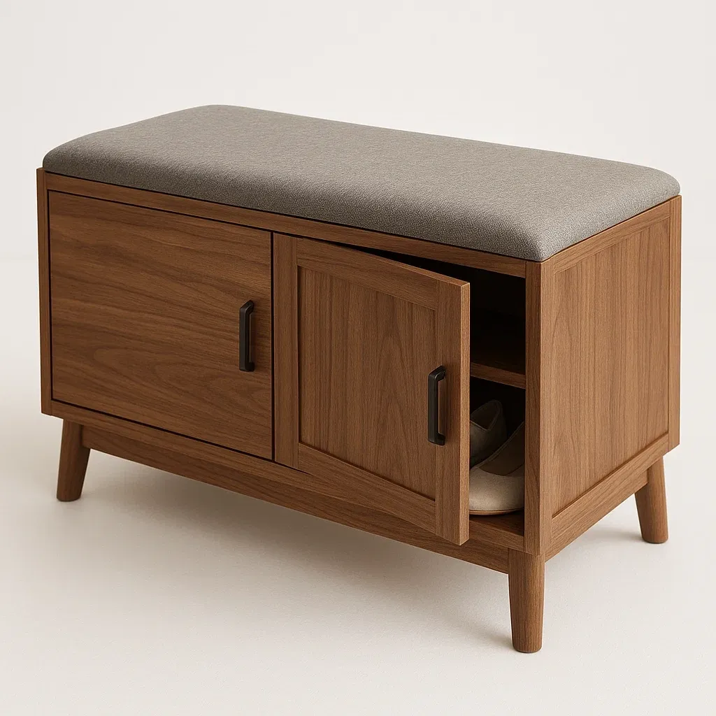 Panca per scarpe in legno di noce con cuscino in poliestere grigio e contenitore