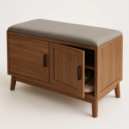 Panca per scarpe in legno di noce con cuscino in poliestere grigio e contenitore