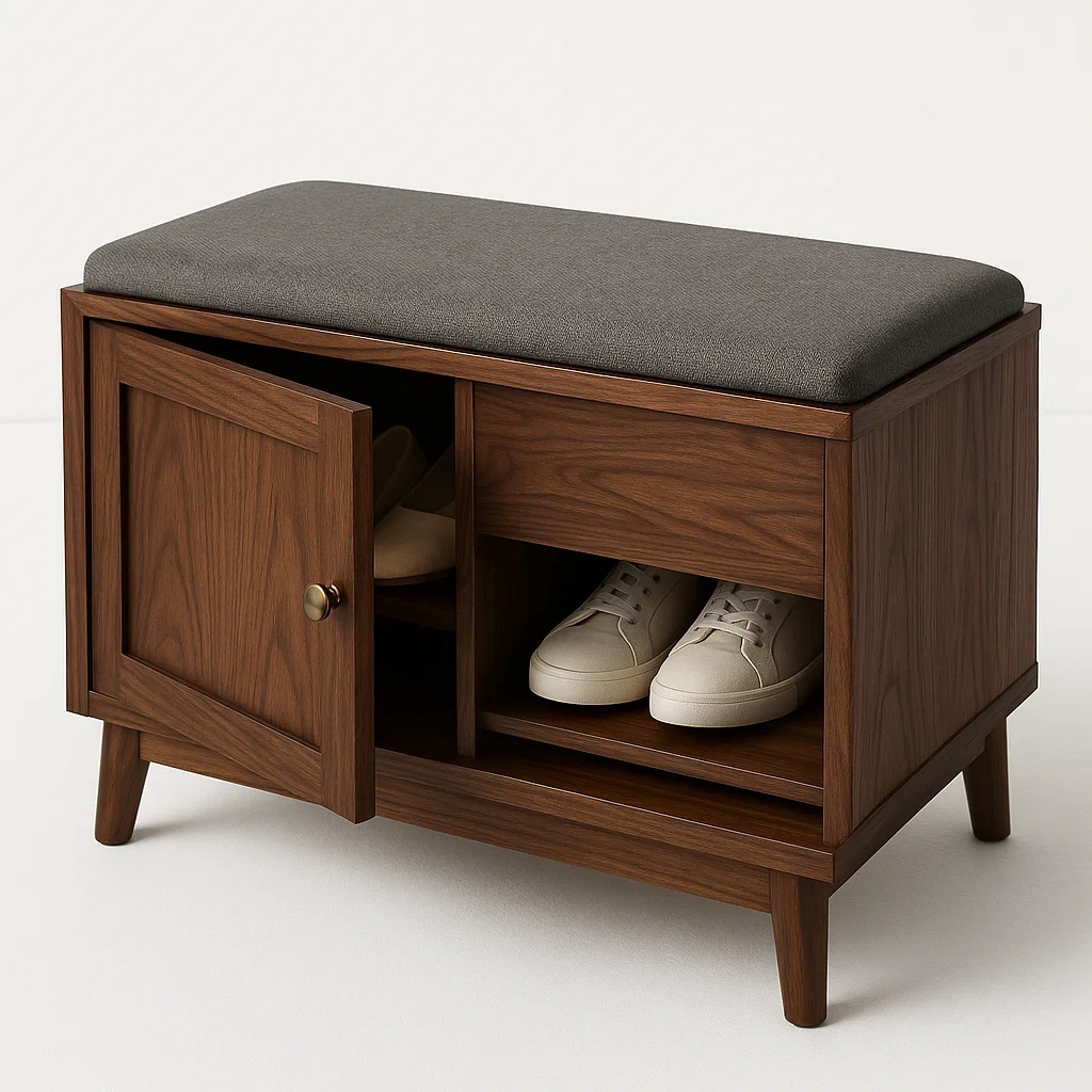 Panca per scarpe in legno con cuscino in tessuto grigio 80×40×45 cm