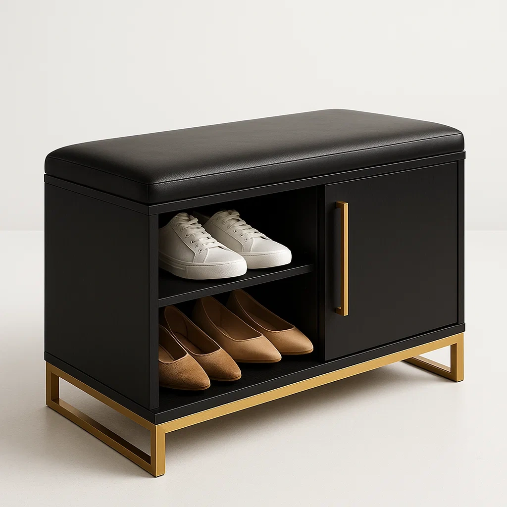 Panca per scarpe con seduta in finta pelle nera e struttura in metallo dorato