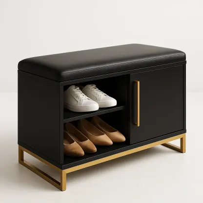 Panca per scarpe con seduta in finta pelle nera e struttura in metallo dorato