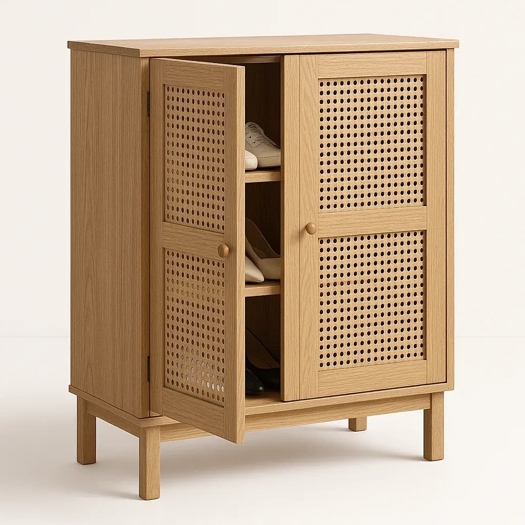 Scarpiera in legno di rovere a due ante con ripiani interni