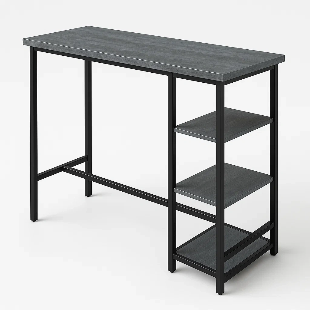 Tavolo bar in legno e metallo con scaffalature laterali 120×40×100 cm