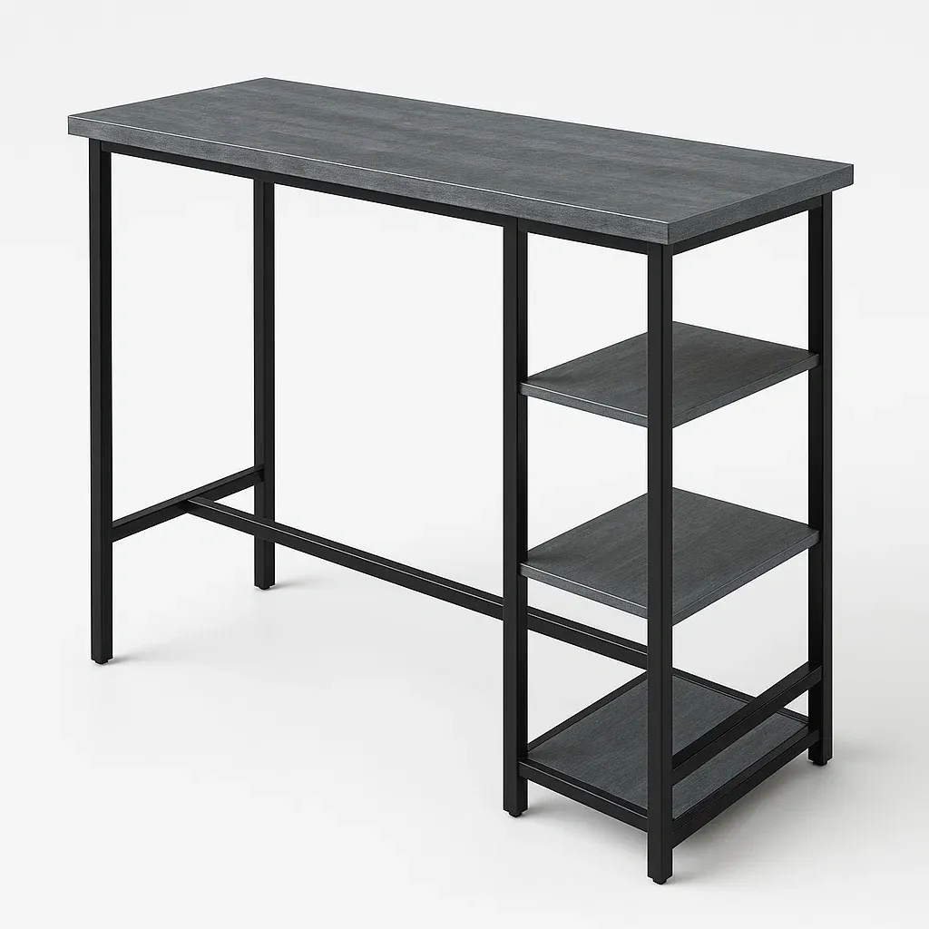 Tavolo bar in legno e metallo con scaffalature laterali 120×40×100 cm