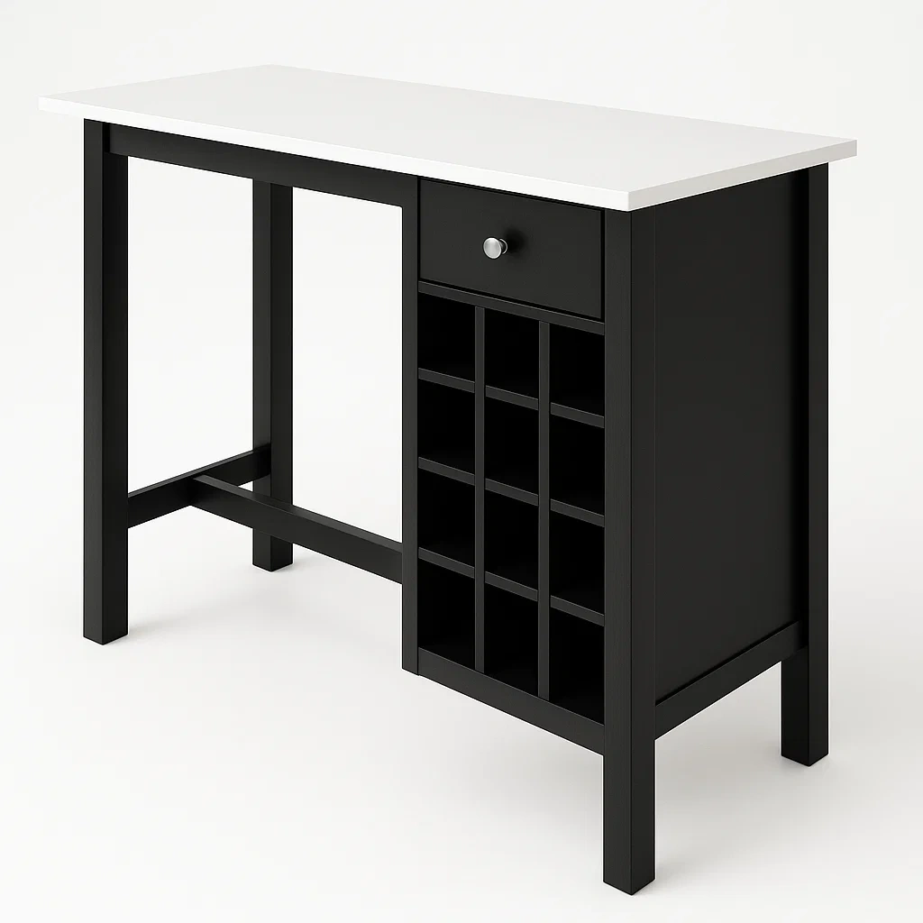 Tavolo bar in legno composito nero con top bianco e porta bottiglie