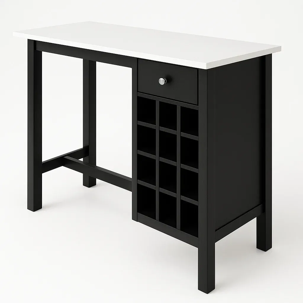 Tavolo bar in legno composito nero con top bianco e porta bottiglie