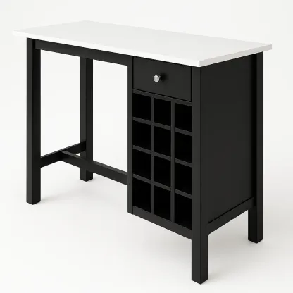 Tavolo bar in legno composito nero con top bianco e porta bottiglie