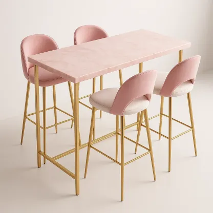 Set bar con tavolo rettangolare e 4 sgabelli effetto marmo rosa e metallo oro
