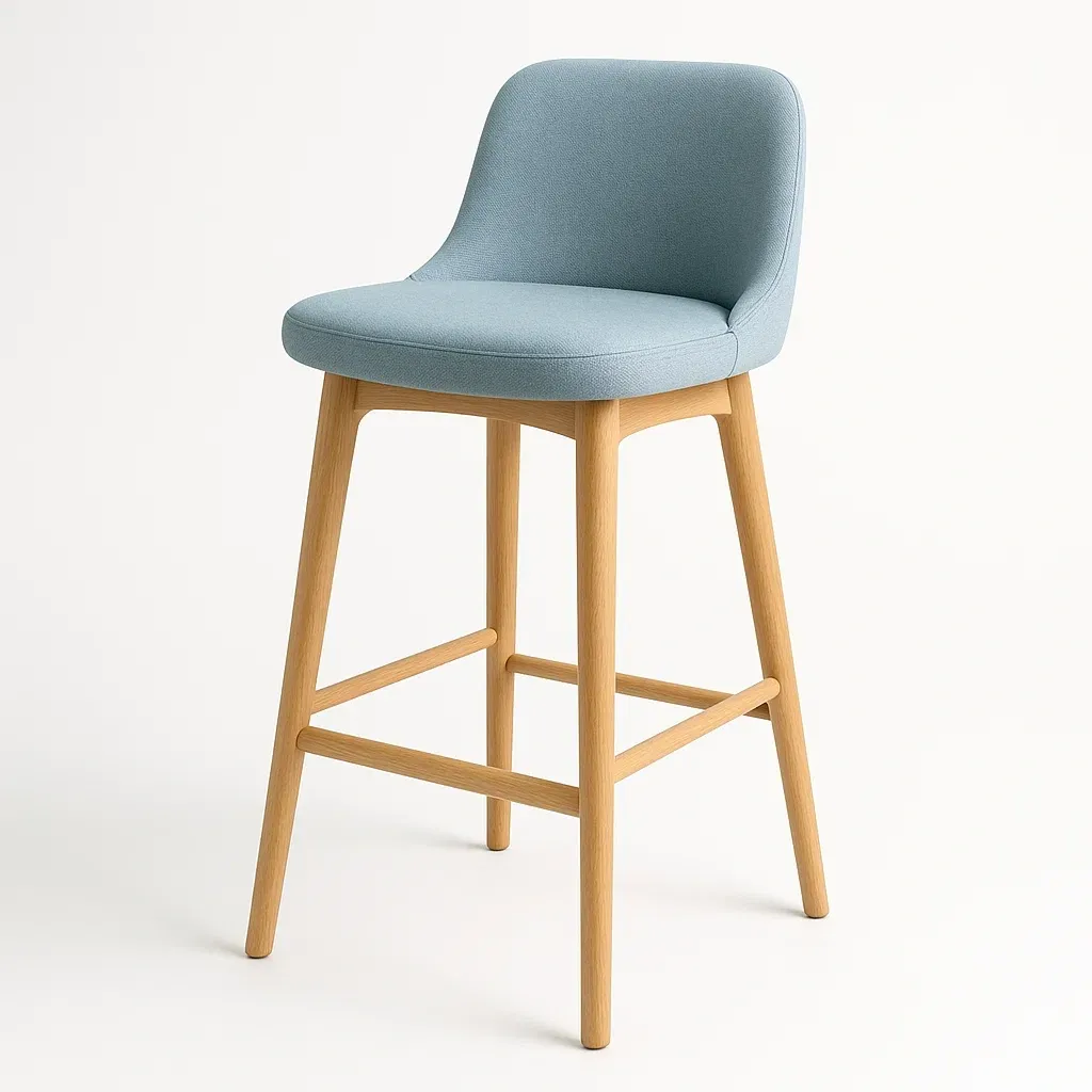 Sgabello da bar in legno con seduta in tessuto blu