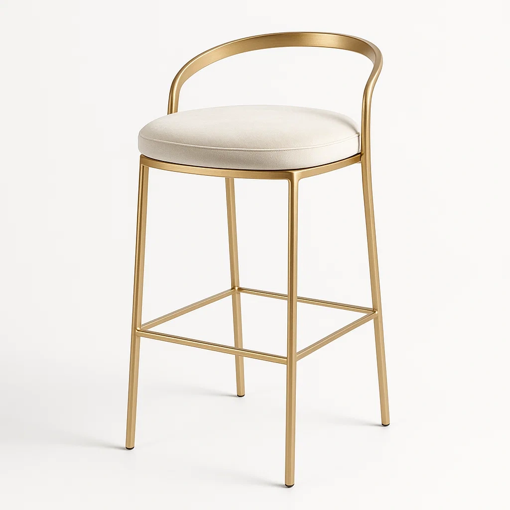 Sgabello da bar in acciaio e tessuto poliestere beige con schienale curvo