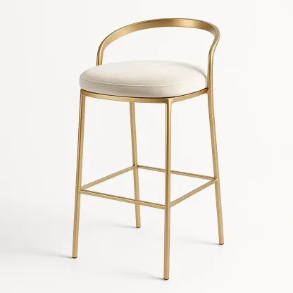 Sgabello da bar in acciaio e tessuto poliestere beige con schienale curvo