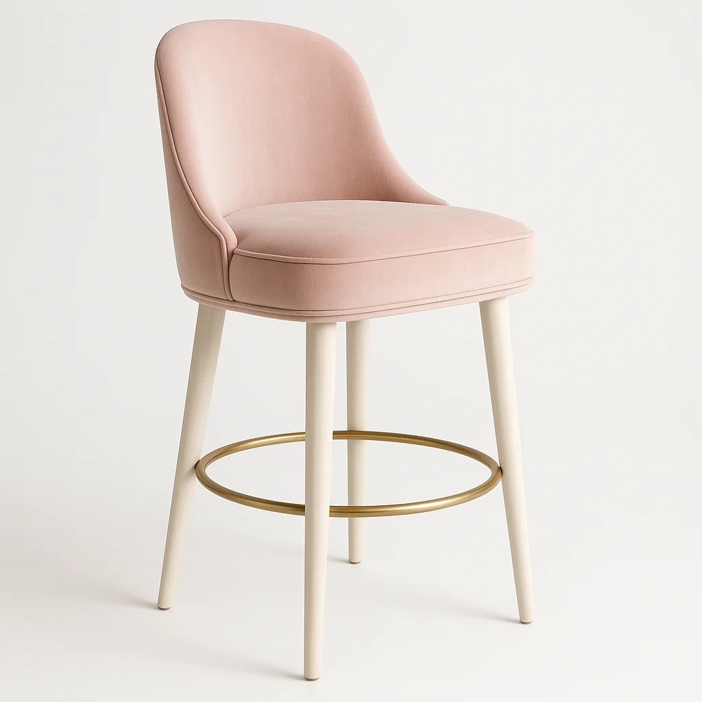 Sgabello da bar in velluto rosa con gambe in legno e anello in metallo