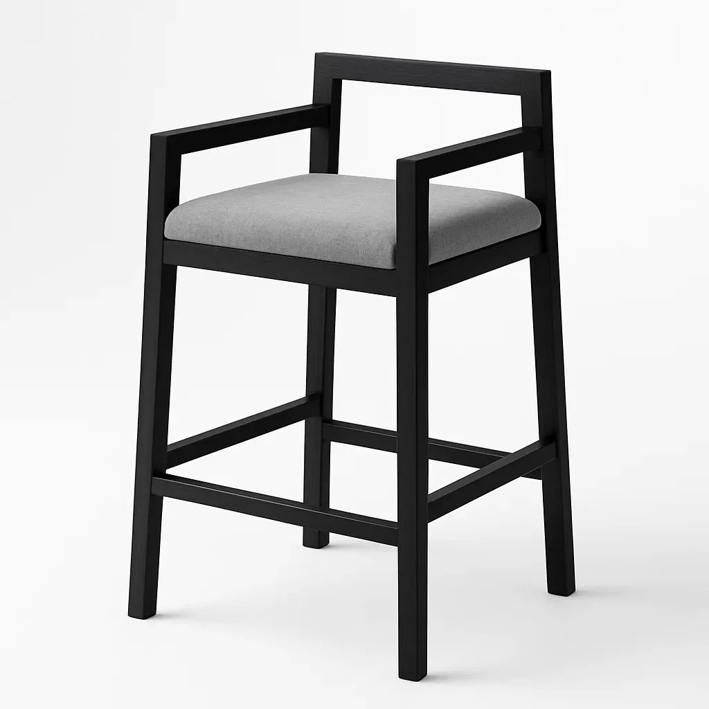 Sgabello da bar in legno con cuscino in tessuto grigio