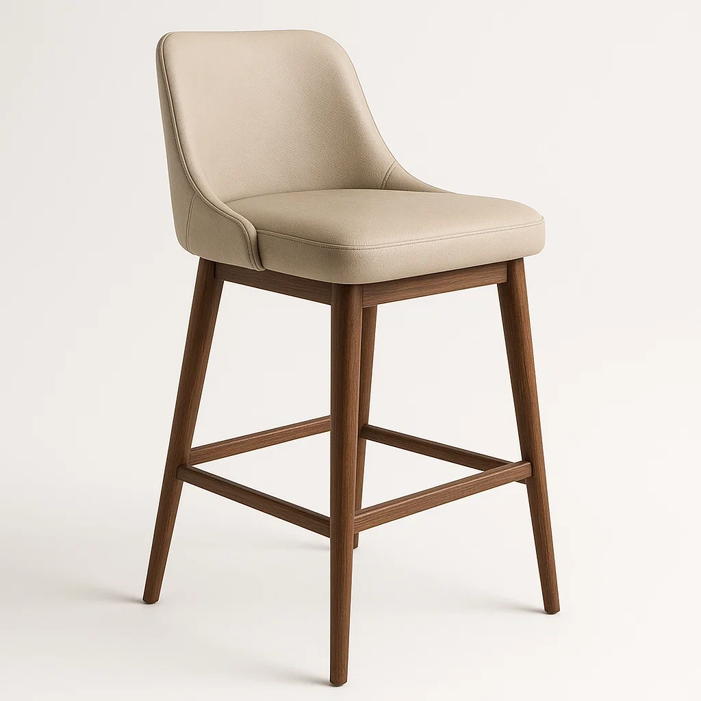 Sgabello da bar con schienale in pelle sintetica beige e telaio in legno di noce