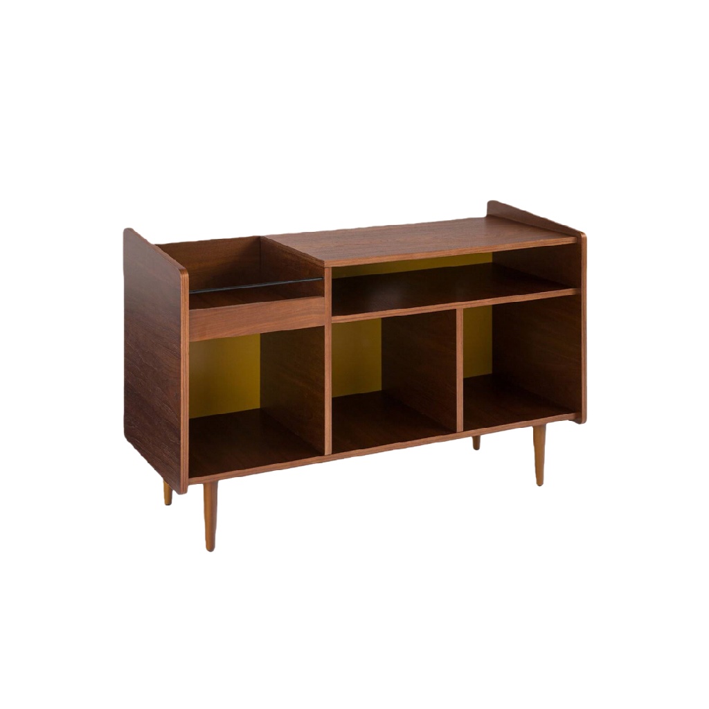 Meuble TV en bois foncé avec compartiments ouverts, pieds en bois, intérieur jaune-lindaanderson.shop