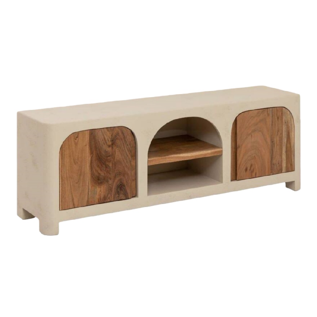 Meuble TV moderne en bois et béton avec portes en bois massif et étagère ouverte-lindaanderson.shop