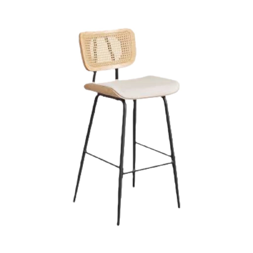 Tabouret de bar moderne avec dossier en rotin et base métallique-lindaanderson.shop