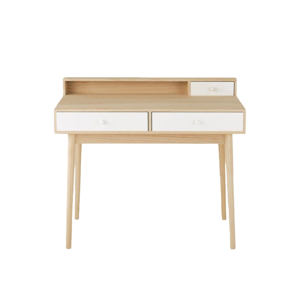Bureau en bois avec tiroirs et étagère arrière, finition bois clair et blanc-lindaanderson.shop