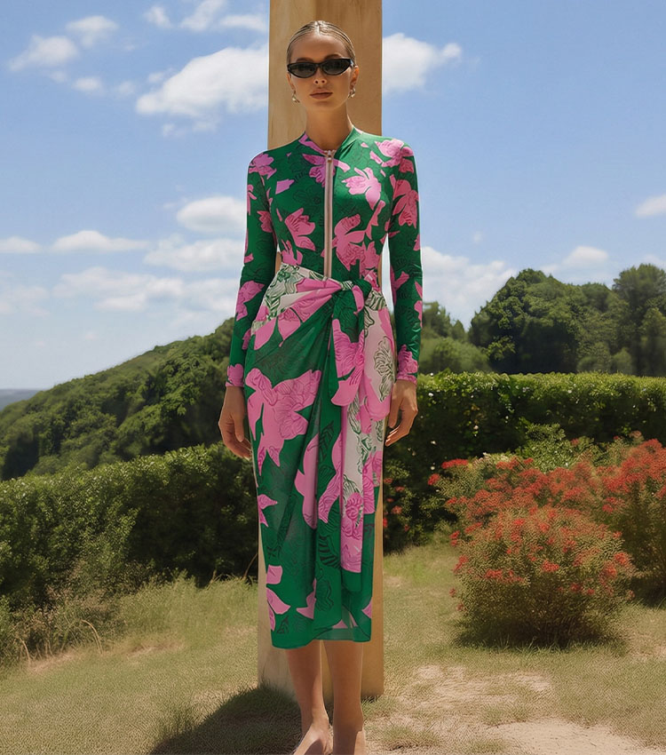 Zipper Printed Long Sleeve Rashguard Swimsuit Set(s)