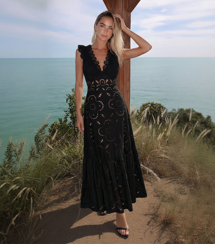 Ruffle Black Laser Cutting Flower Hollow Ruffle Swimsuit Set(s)