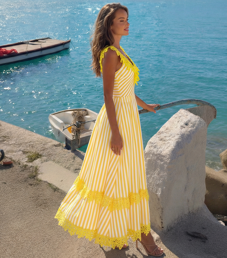 Openwork Lace Yellow Stripes Swimsuit Set(s)