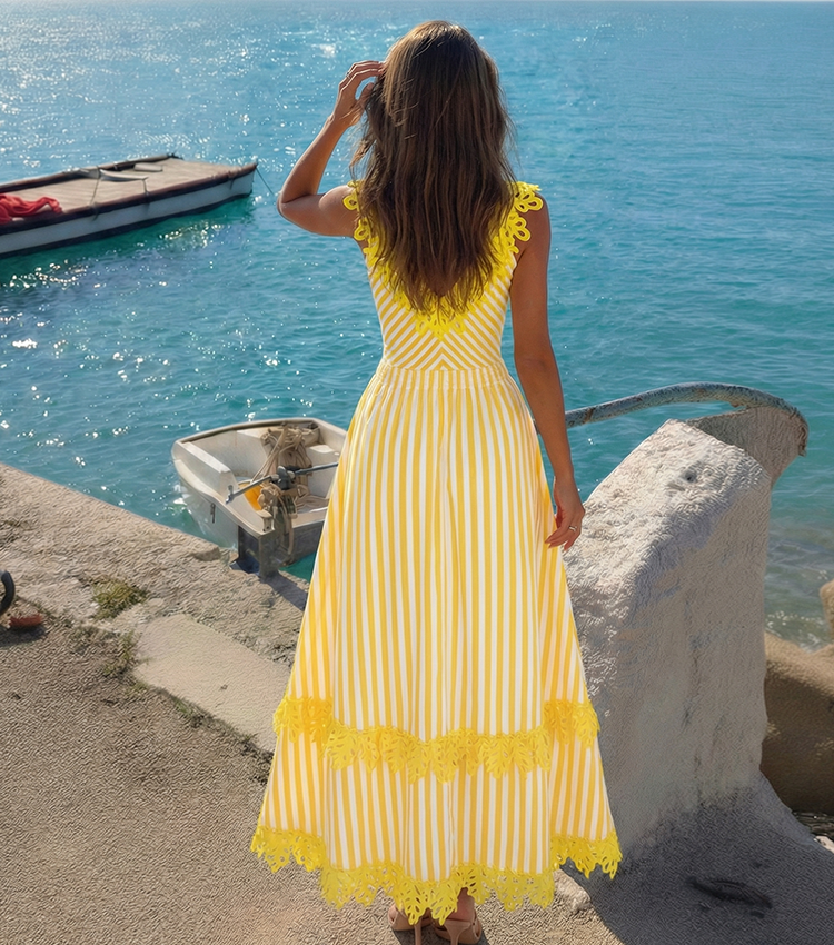 Openwork Lace Yellow Stripes Swimsuit Set(s)