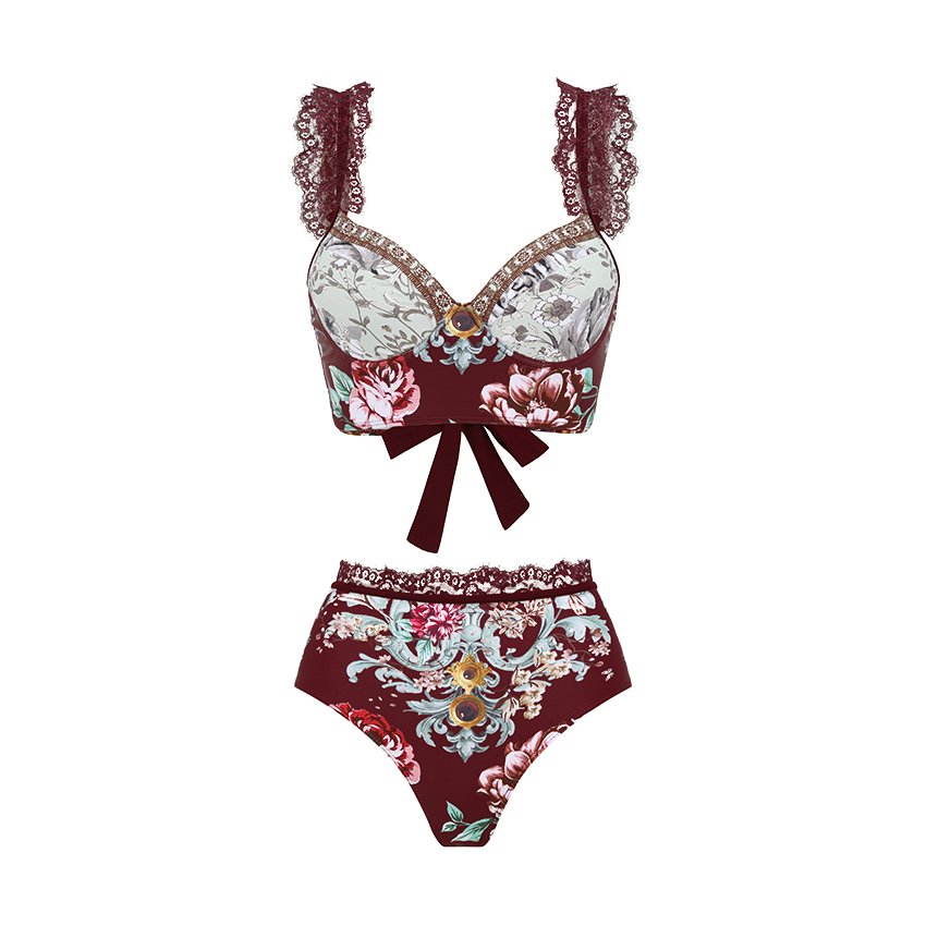Lace Decoration Peony Print Swimsuit Set(s)