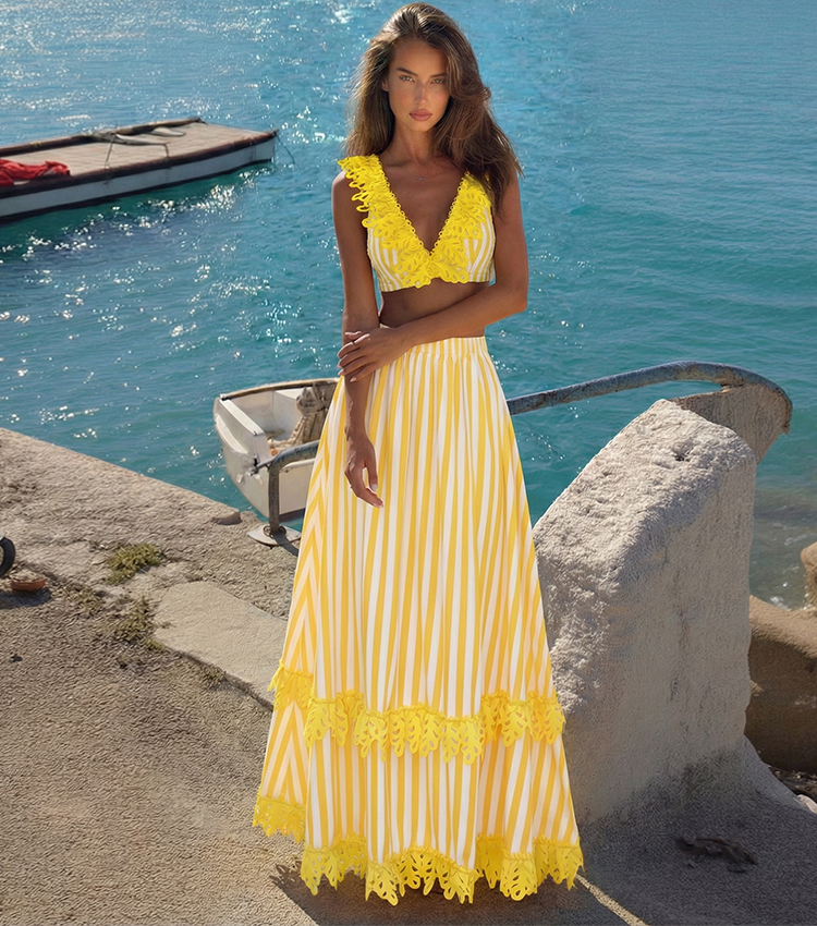 V-neck Yellow Stripes Swimsuit Set(s)