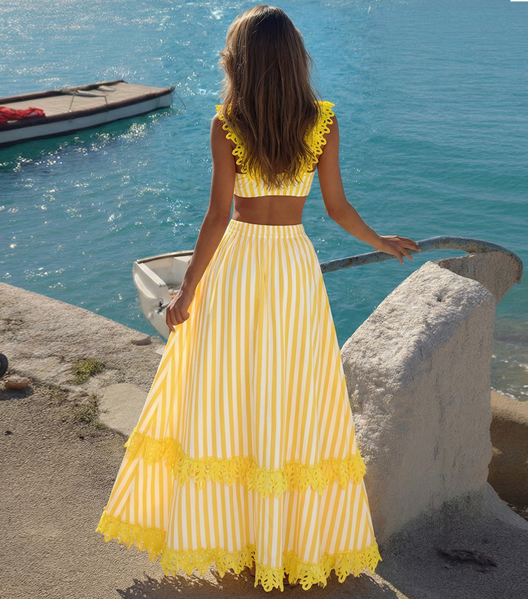 V-neck Yellow Stripes Swimsuit Set(s)