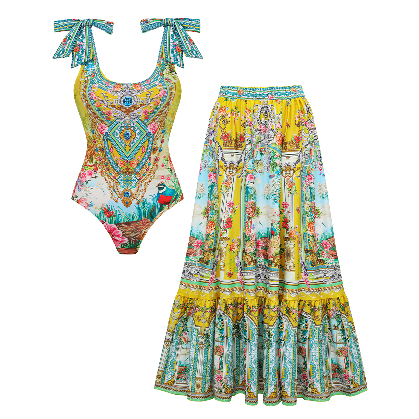 Bow-detailed Bougainvillea Print Swimsuit Set(s)