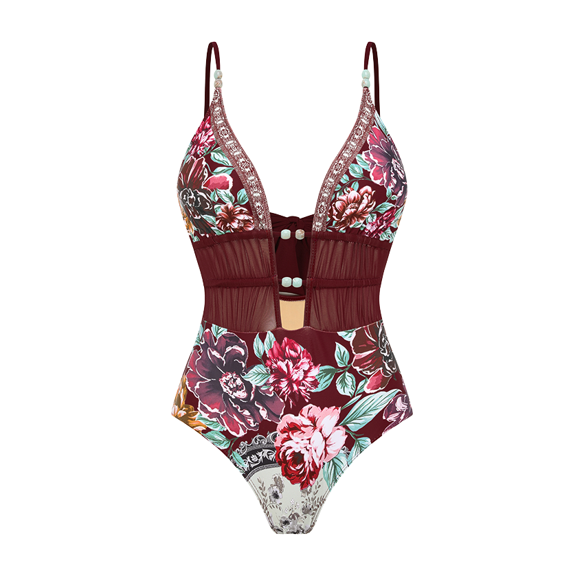 Hollow out Peony Print Swimsuit Set(s)