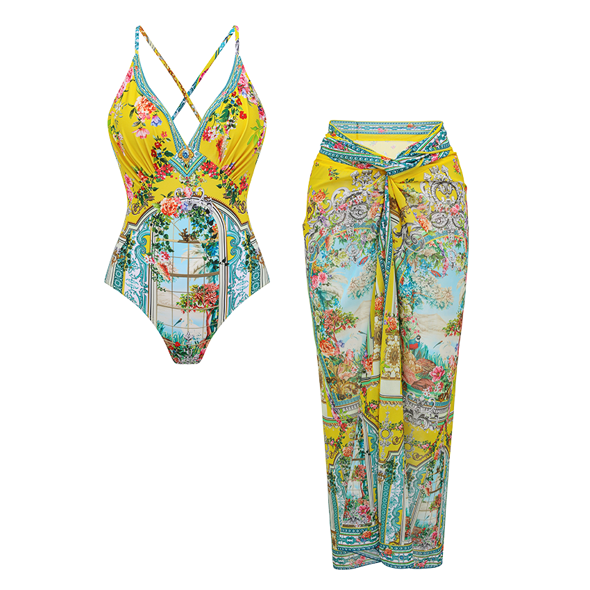 V-neck Straps Bougainville Print Swimsuit Set(s)