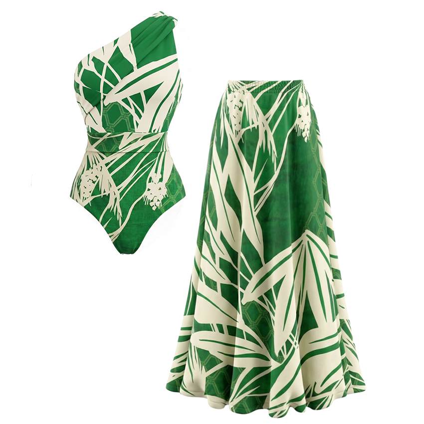 One Shoulder Green Plant Print Swimsuit Set(s)