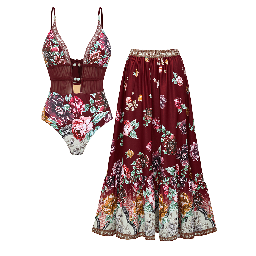 Hollow out Peony Print Swimsuit Set(s)