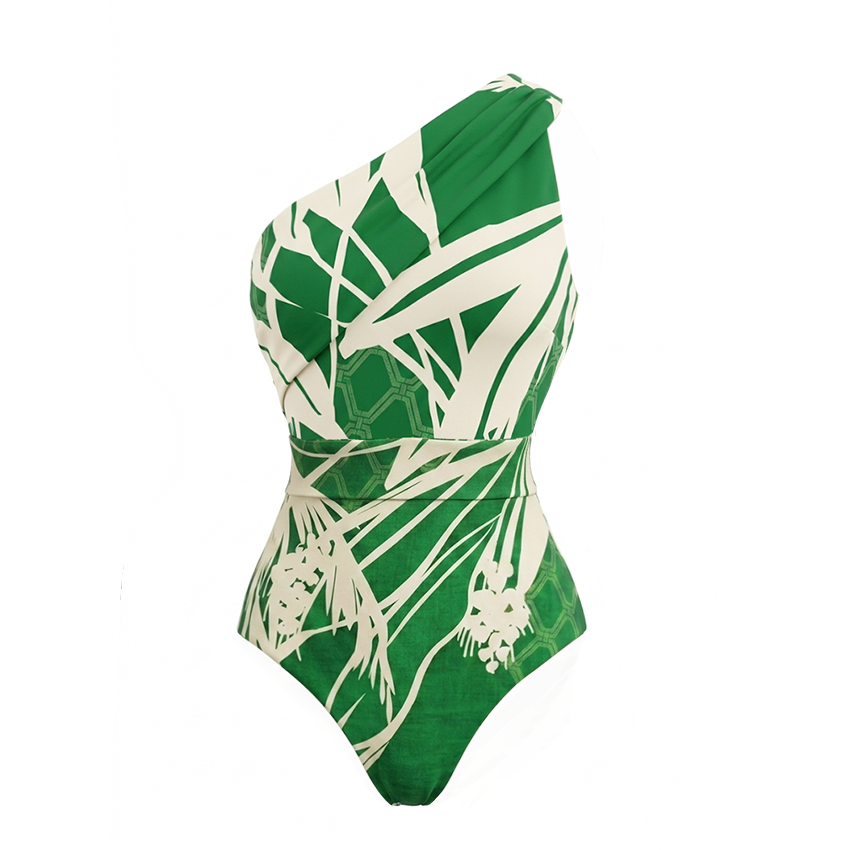 One Shoulder Green Plant Print Swimsuit Set(s)