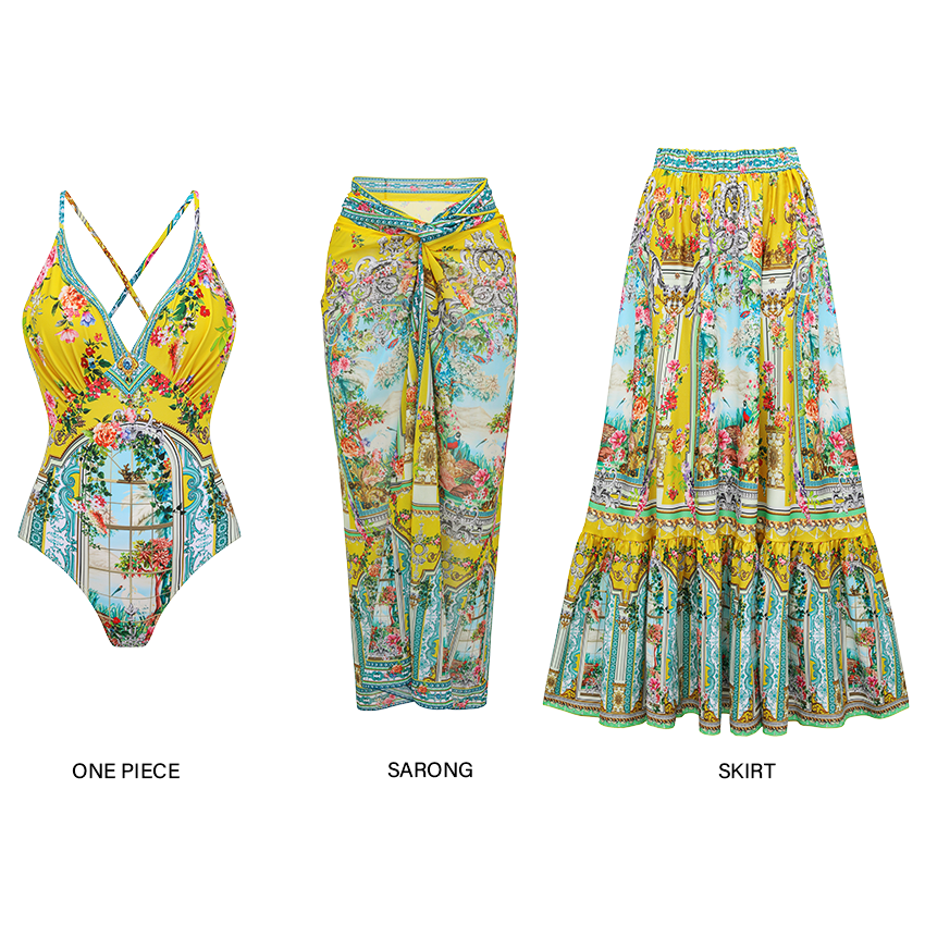V-neck Straps Bougainville Print Swimsuit Set(s)