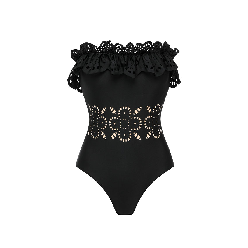Ruffle Black Laser Cutting Flower Hollow Ruffle Swimsuit Set(s)