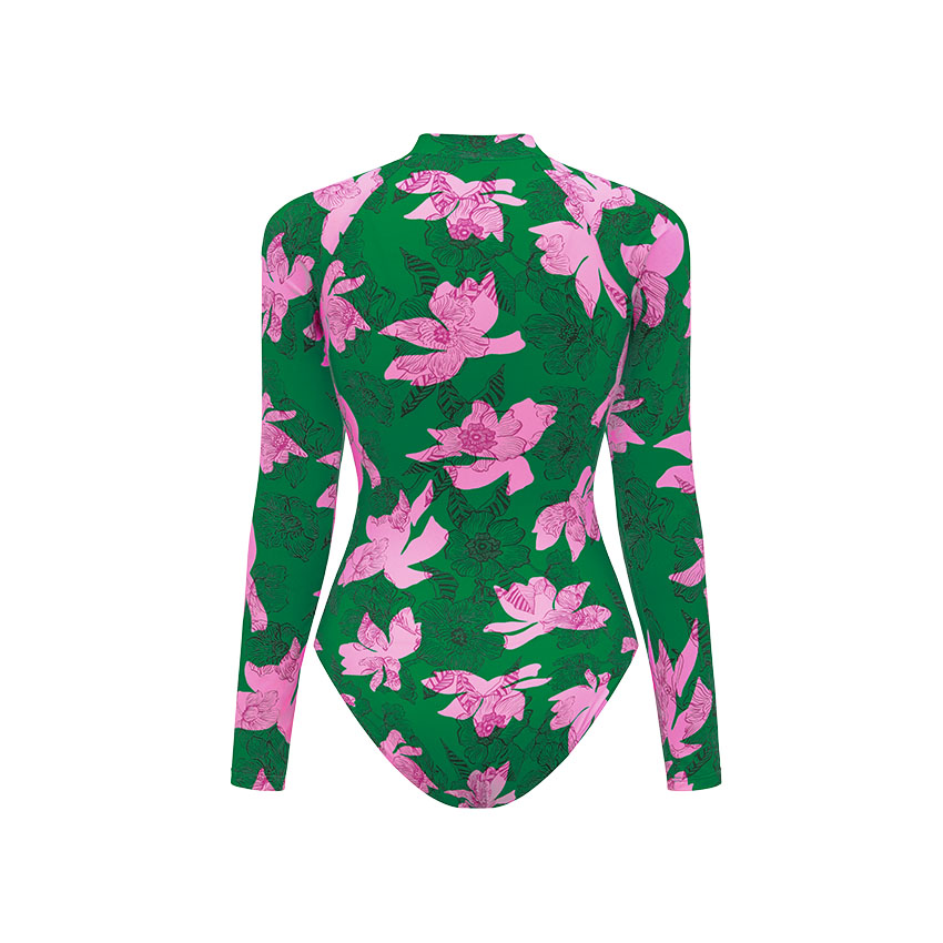 Zipper Printed Long Sleeve Rashguard Swimsuit Set(s)