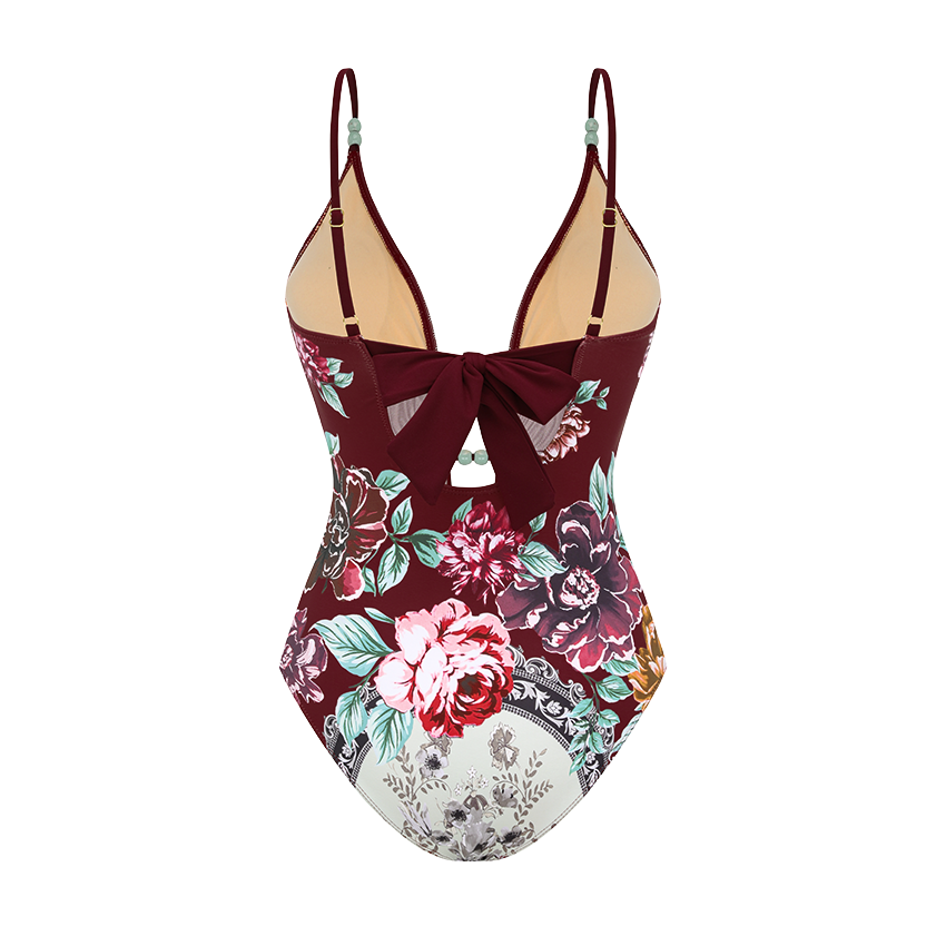 Hollow out Peony Print Swimsuit Set(s)