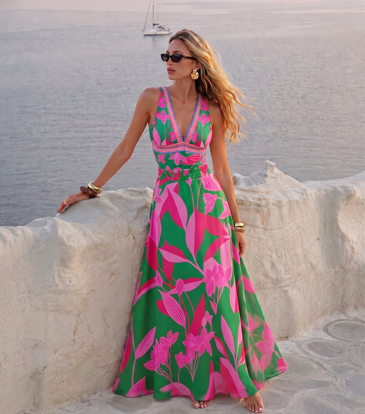 Pink & Green Colorblock Print V-Neck Swimsuit Set(s)