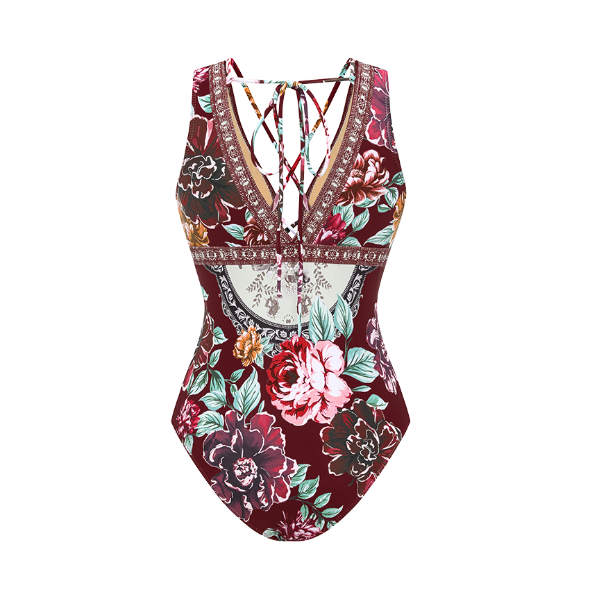 Strap Decoration Peony Print Swimsuit Set(s)