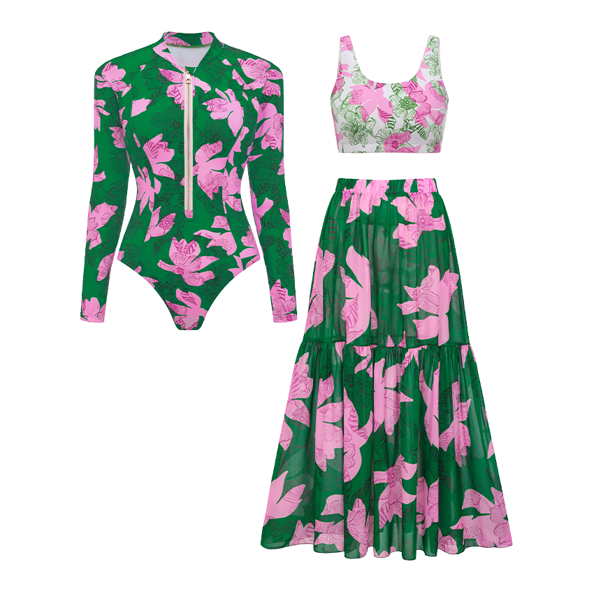 Zipper Printed Long Sleeve Rashguard Swimsuit Set(s)