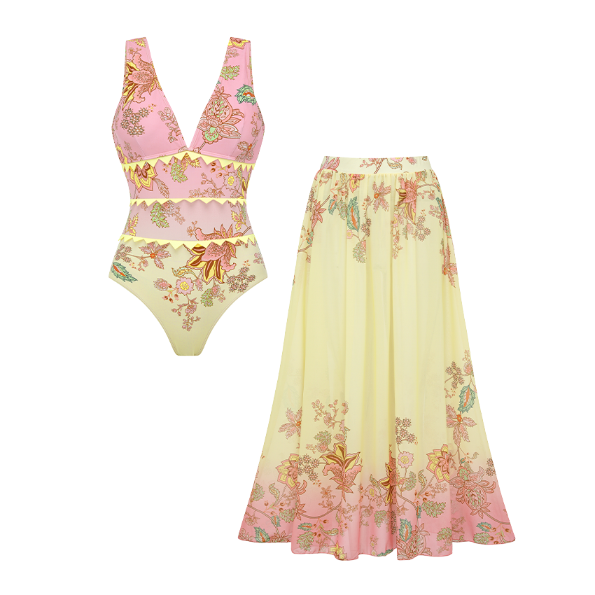 V Neck Color Block Printed Swimsuit Set(s)