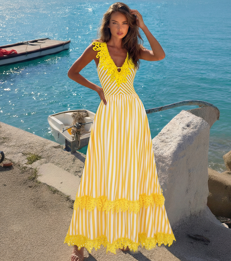 Openwork Lace Yellow Stripes Swimsuit Set(s)