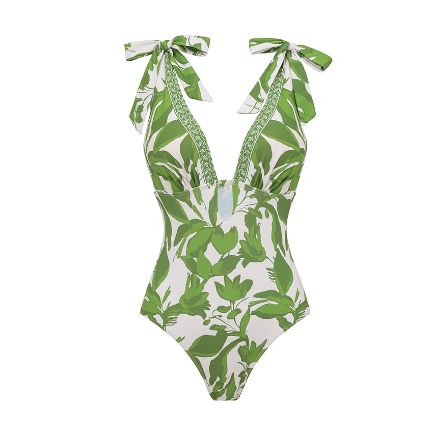 Tie Shoulder Green Leaves Print Swimsuit Set(s)