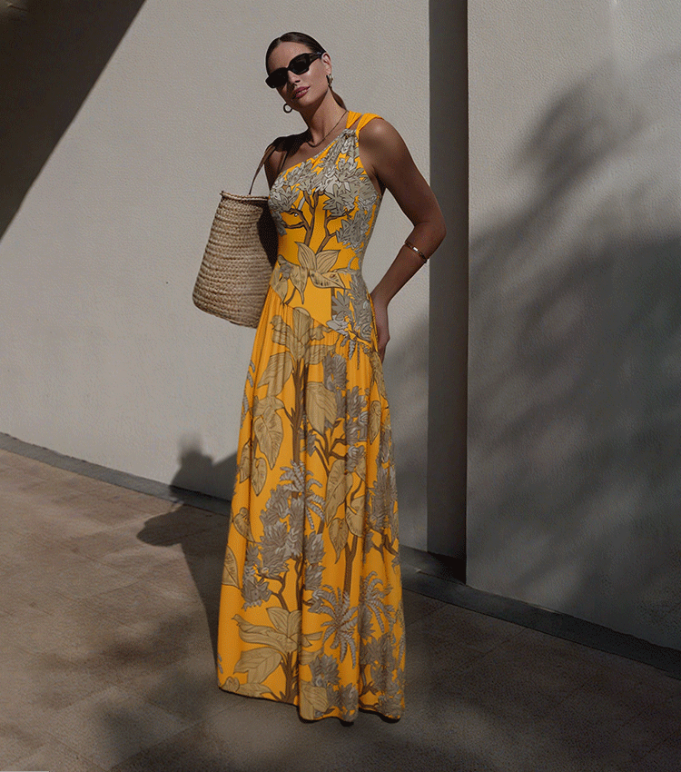 One Shoulder Yellow Printed Swimsuit Set(s)