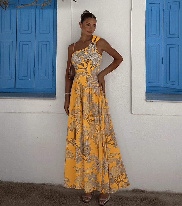 One Shoulder Yellow Printed Swimsuit Set(s)