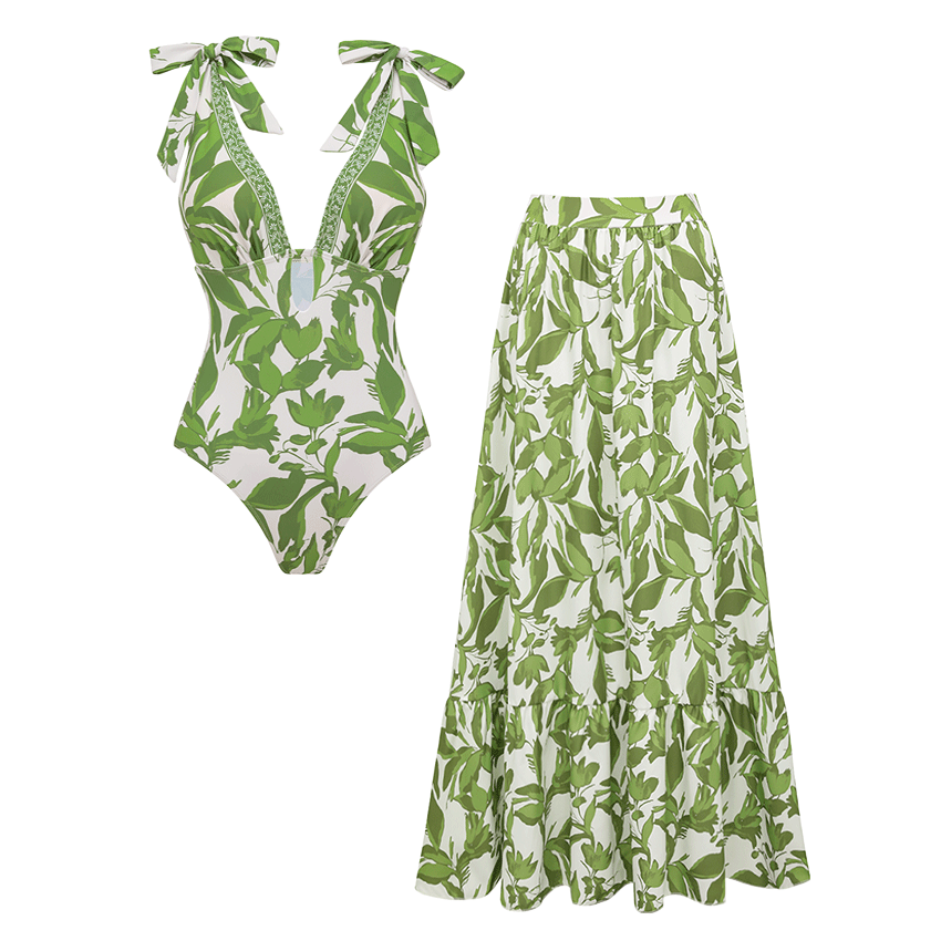 Tie Shoulder Green Leaves Print Swimsuit Set(s)