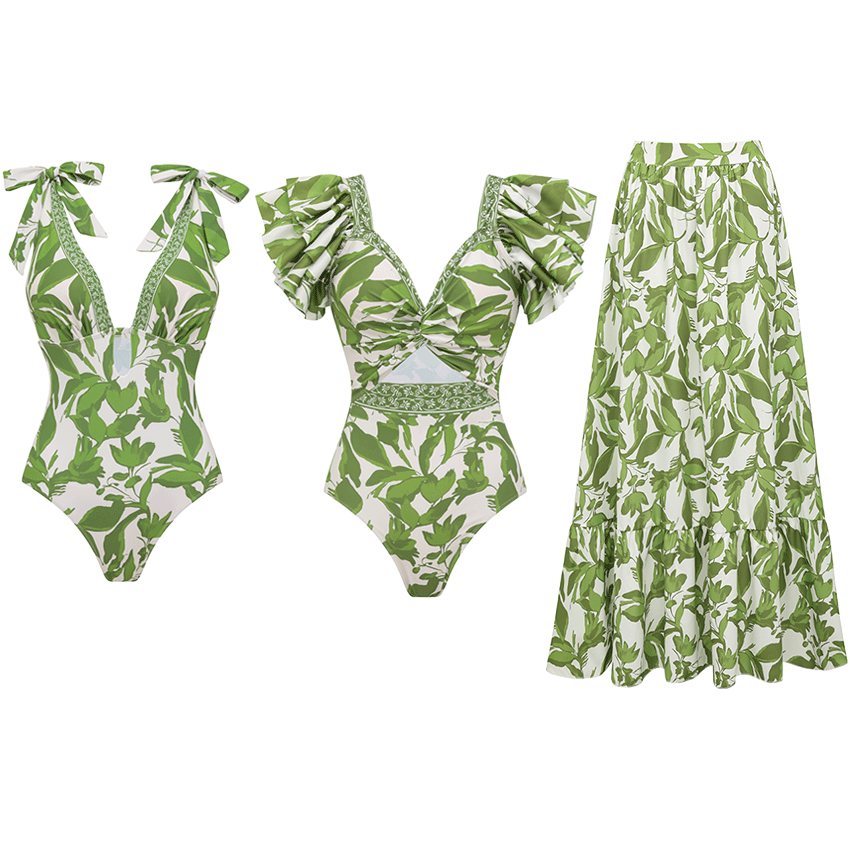 Tie Shoulder Green Leaves Print Swimsuit Set(s)