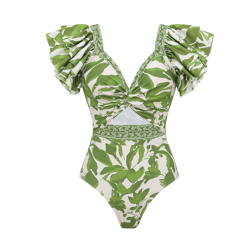 Ruffle V Neck Green Print Cut Out Swimsuit Set(s)
